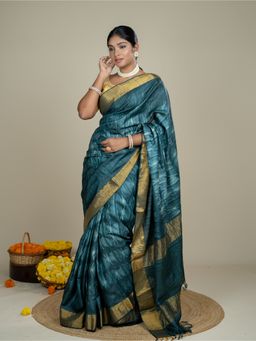 Ushvii - Women Blue Tussar Silk Woven Saree with Unstitched Blouse