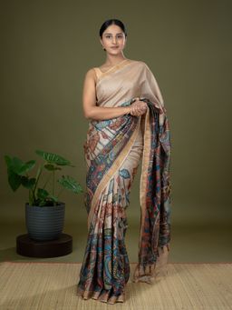 Ushvii - Women Beige Tussar Silk Floral Saree with Unstitched Blouse