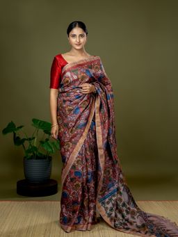 Ushvii - Women Red Tussar Silk Floral Saree with Unstitched Blouse