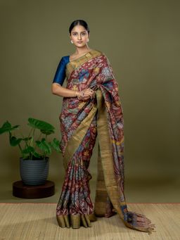 Ushvii - Women Red Tussar Silk Floral Saree with Unstitched Blouse