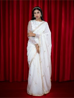 Ushvii - Women White Chanderi Floral Saree with Unstitched Blouse