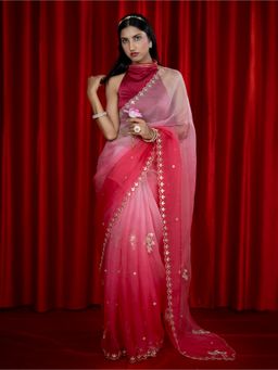 Ushvii - Women Pink Organza Silk Floral Saree with Unstitched Blouse