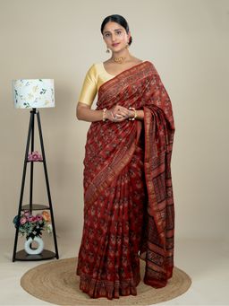 Ushvii - Women Red Cotton Silk Floral Saree with Unstitched Blouse