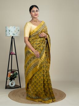 Ushvii - Women Mustard Cotton Silk Floral Saree with Unstitched Blouse
