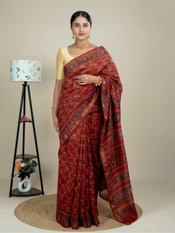 Ushvii - Women Red Cotton Silk Floral Saree with Unstitched Blouse