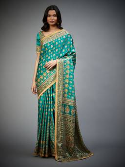 RI.Ritu Kumar - Prune and Red Satnam Embroidered Saree With Unstitched Blouse