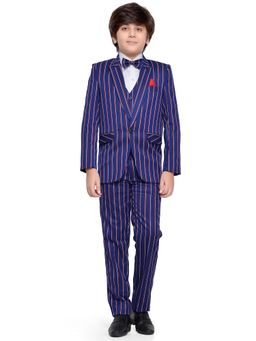 Jeetethnics - Boys Navy Stripes Coat Suit With Waistcoat Shirt & Trousers (Set of 5)