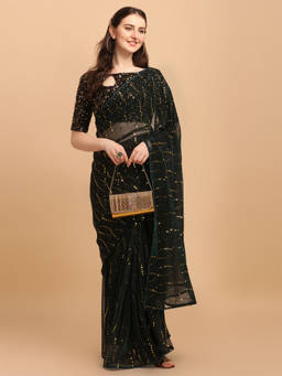 Amrutam Fab - Womens Embellished Net Green Saree With Sequences Unstitched Blouse Piece
