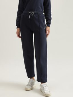 ELLE - Women Navy Blue Solid Straight Fit Mid-Rise Trackpant