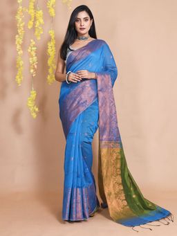 CHARUKRITI - Sapphire Blue Cotton Zari Motifs & Floral Borders Handwoven Saree with Unstitched Blouse