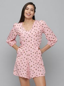 SHOWOFF - Womens V-neck Pink Three-quarter Sleeves Printed Jumpsuit