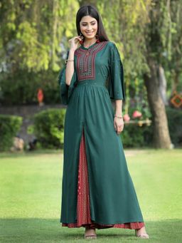 Juniper - Jade Green Ethnic Motif Printed Rayon High-Slit Kurta & Palazzo Set with Thread Work Embroidery