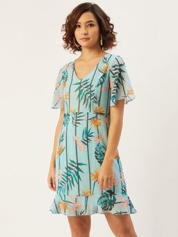 ANVI Be Yourself - Women Turquoise Blue Printed Wrap Dress