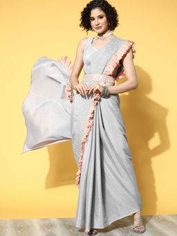Yufta - Women Grey Solid Chinnon Crepe Saree With And Belt