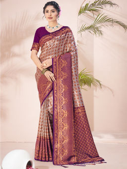 Sangam Prints - Wine Silk Woven Festival Saree with Unstitched Blouse