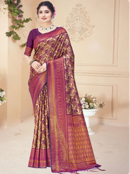 Sangam Prints - Wine Silk Woven Traditional Saree with Unstitched Blouse