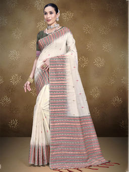 Sangam Prints - Cream Cotton Woven Traditional Saree with Unstitched Blouse