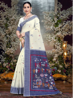 Sangam Prints - Blue Cotton Woven Traditional Saree with Unstitched Blouse