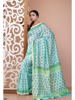 Unnati Silks - Turquoise Pure Hand Block Printed Chanderi Sico Saree with Unstitched Blouse