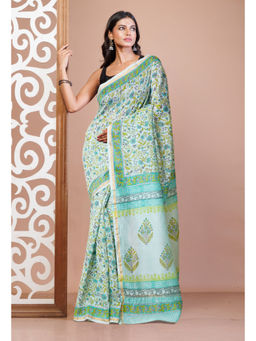 Unnati Silks - Turquoise Pure Hand Block Printed Chanderi Sico Saree with Unstitched Blouse