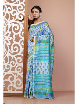 Unnati Silks - Blue Pure Hand Block Printed Chanderi Sico Saree with Unstitched Blouse