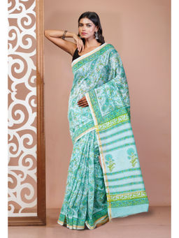 Unnati Silks - Turquoise Pure Hand Block Printed Chanderi Sico Saree with Unstitched Blouse