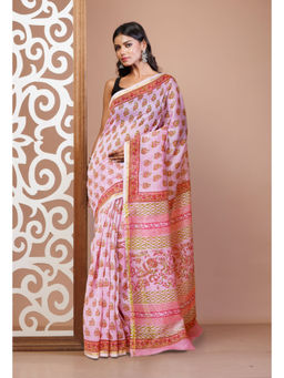 Unnati Silks - Pink Pure Hand Block Printed Chanderi Sico Saree with Unstitched Blouse