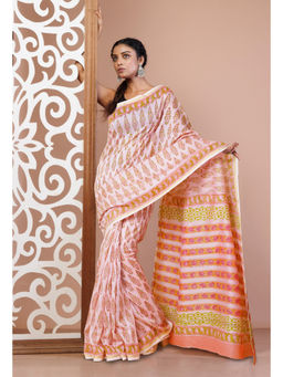 Unnati Silks - Pink Pure Hand Block Printed Chanderi Sico Saree with Unstitched Blouse