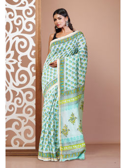 Unnati Silks - Turquoise Pure Hand Block Printed Chanderi Sico Saree with Unstitched Blouse