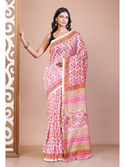 Unnati Silks - Pink Pure Hand Block Printed Chanderi Sico Saree with Unstitched Blouse