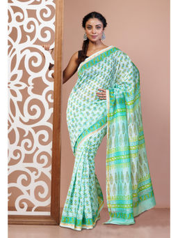 Unnati Silks - Turquoise Pure Hand Block Printed Chanderi Sico Saree with Unstitched Blouse