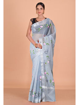 Unnati Silks - Grey Pure Hand Painted Kota Saree with Unstitched Blouse
