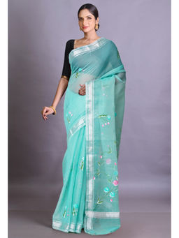 Unnati Silks - Turquoise Pure Hand Painted Kota Saree with Unstitched Blouse