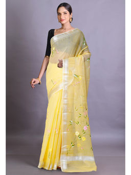 Unnati Silks - Yellow Pure Hand Painted Kota Saree with Unstitched Blouse