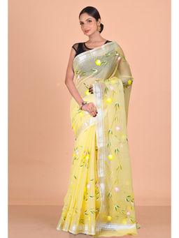 Unnati Silks - Yellow Pure Hand Painted Kota Saree with Unstitched Blouse