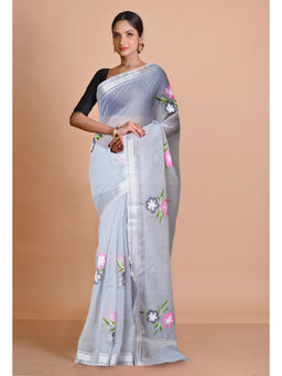 Unnati Silks - Grey Pure Hand Painted Kota Saree with Unstitched Blouse