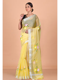 Unnati Silks - Yellow Pure Hand Painted Kota Saree with Unstitched Blouse