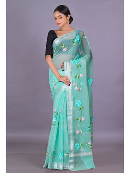 Unnati Silks - Turquoise Pure Hand Painted Kota Saree with Unstitched Blouse