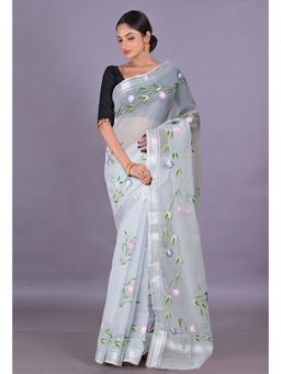 Unnati Silks - Grey Pure Hand Painted Kota Saree with Unstitched Blouse
