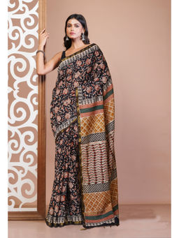 Unnati Silks - Black Pure Bagru Printed Pashmina Sico Saree with Unstitched Blouse