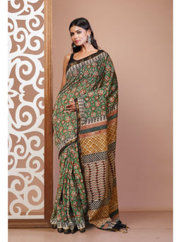 Unnati Silks - Green Pure Bagru Printed Pashmina Sico Saree with Unstitched Blouse