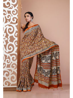 Unnati Silks - Brown Pure Bagru Printed Pashmina Sico Saree with Unstitched Blouse