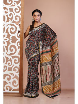 Unnati Silks - Black Pure Bagru Printed Pashmina Sico Saree with Unstitched Blouse