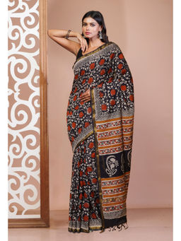 Unnati Silks - Black Pure Bagru Printed Pashmina Sico Saree with Unstitched Blouse