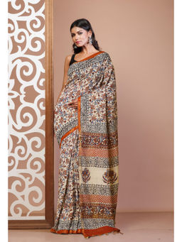 Unnati Silks - Cream Pure Bagru Printed Pashmina Sico Saree with Unstitched Blouse