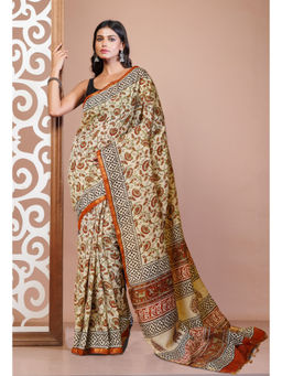 Unnati Silks - Cream Pure Bagru Printed Pashmina Sico Saree with Unstitched Blouse