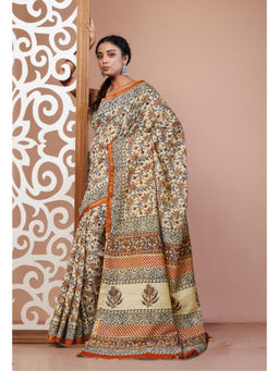 Unnati Silks - Cream Pure Bagru Printed Pashmina Sico Saree with Unstitched Blouse