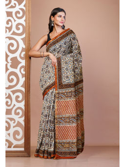 Unnati Silks - Cream Pure Bagru Printed Pashmina Sico Saree with Unstitched Blouse