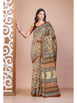 Unnati Silks - Cream Pure Bagru Printed Pashmina Sico Saree with Unstitched Blouse