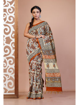 Unnati Silks - Cream Pure Bagru Printed Pashmina Sico Saree with Unstitched Blouse